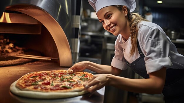 Woman cooks pizza in the oven