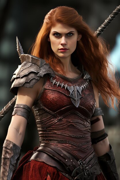 a woman in a corset with a red hair and a sword