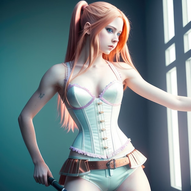 A woman in a corset with a sword in her hand.