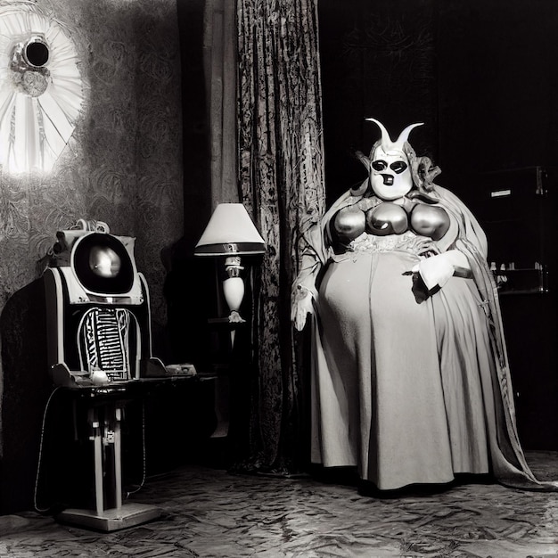 A woman in a costume and cape is sitting in front of a lamp and a lamp.