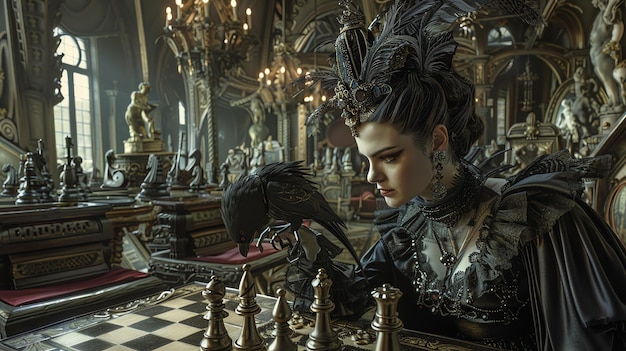 Foto una donna in costume sta giocando a scacchi con un uccello nero sulla testa