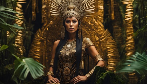 Photo a woman in a costume sits in front of a golden background