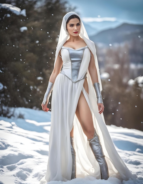 a woman in a costume that has a woman in a costume on the snow