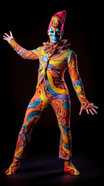 A woman in a costume that has the word circus on it