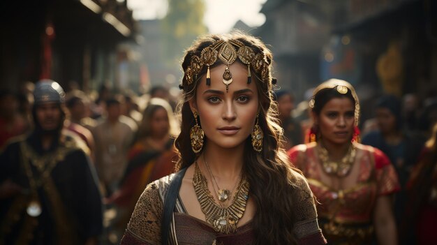 Photo woman in costume walking through a crowd