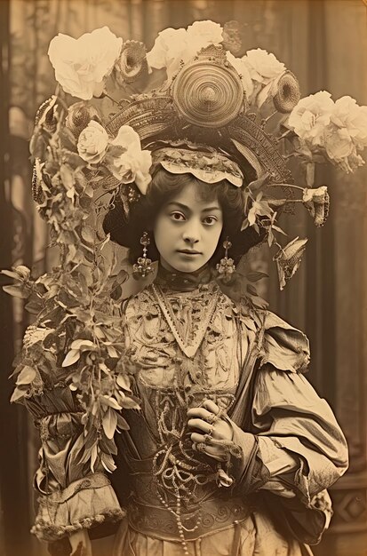 Photo a woman in a costume with flowers and a lamp