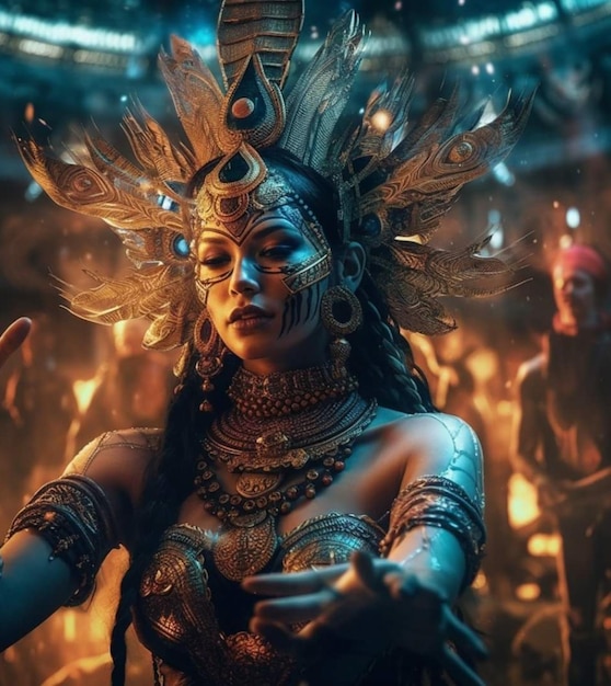 A woman in a costume with a gold face and a gold headdress stands in front of a dark background.