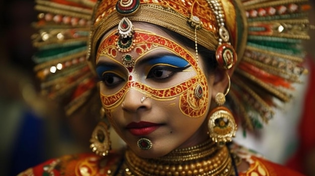 A woman in a costume with gold paint on her face is seen.