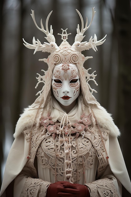 Photo a woman in a costume with a mask on it and the word  anthropolo  on the front