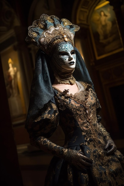 A woman in a costume with a mask on it