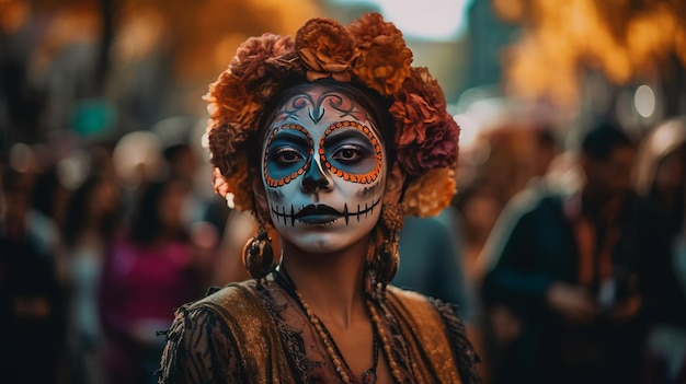 A woman in a costume with a sugar skull face