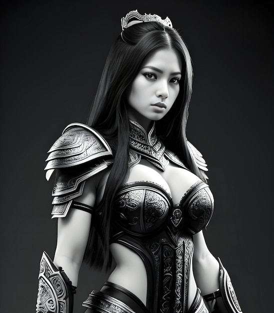 a woman in a costume with a sword on her chest