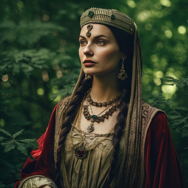 a woman in a costume with the word  she is standing in front of a tree