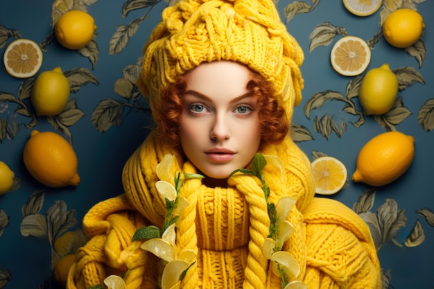 Woman in cosy plaid made from lemons and ginger