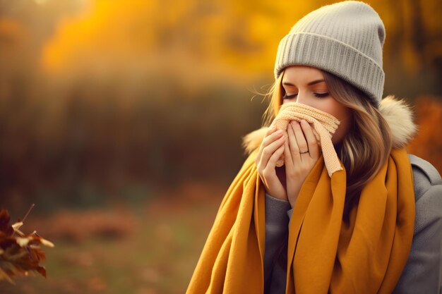 Photo woman coughs and blows nose during autumn season concept autumn allergies seasonal illness woman coughing cold and flu remedies health in fall