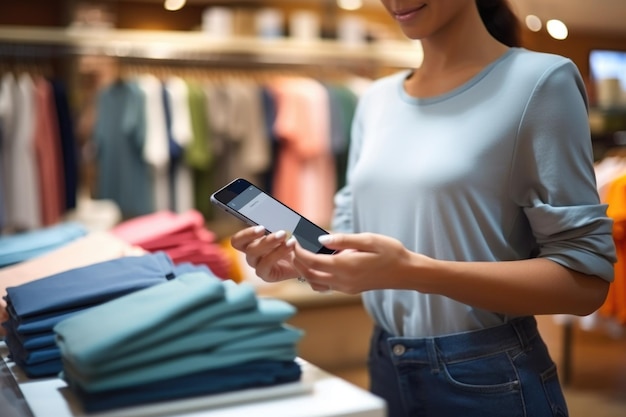 Photo woman at counter buys clothes paying with smartphone through contactless nfc terminal