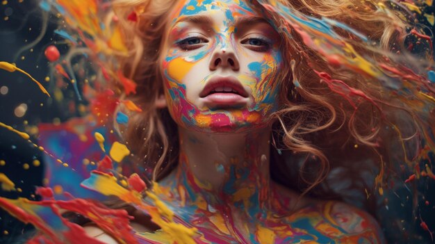 A woman covered in paint is covered in paint.