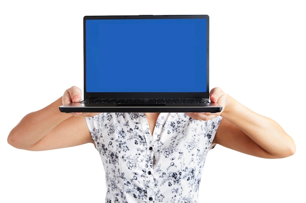 Photo woman covering face with laptop against white background