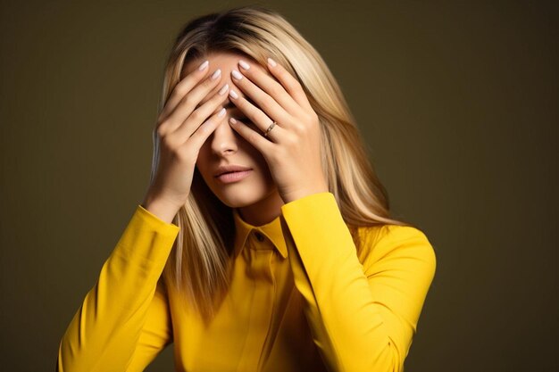 a woman covering her eyes with her hands