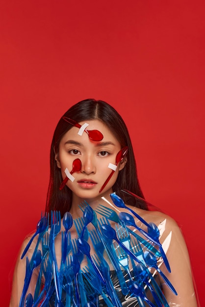 Photo woman covering her face and body with red and blue plastic tableware with copy space