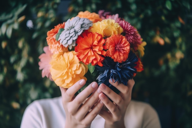 A woman covering her face with a bouquet of flowers generative AI