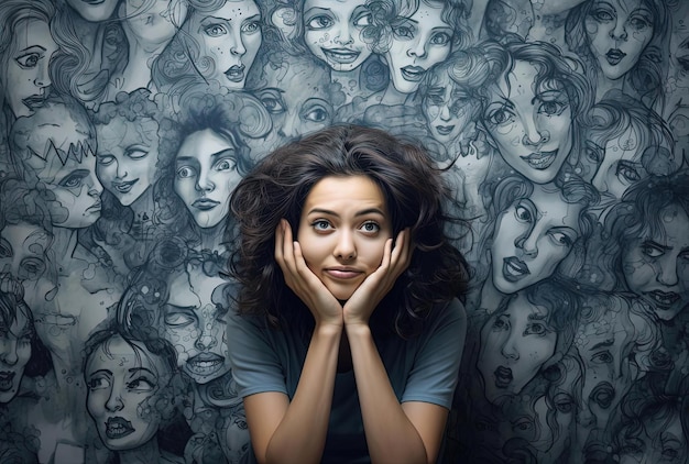 a woman covering her face with images of people in the background