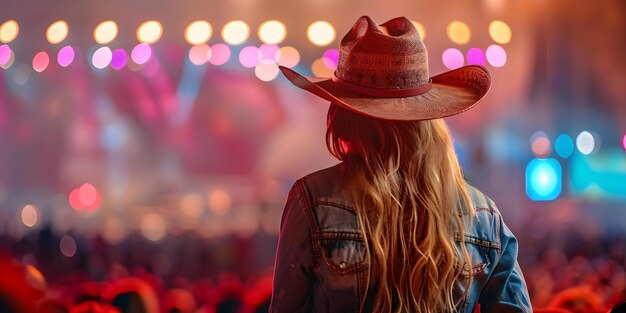 Woman in cowboy hat happily watches country concert with open space available for text Concept Country Music Concert Cowboy Hat Fashion Outdoor Festival Joyful Audience Western Style