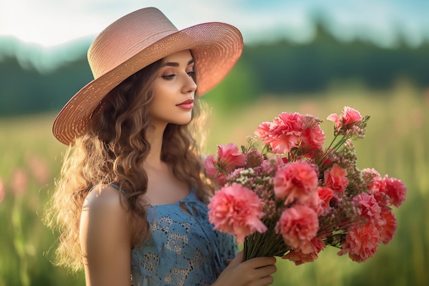 カウボーイハットをかぶった女性が花束を持っています。