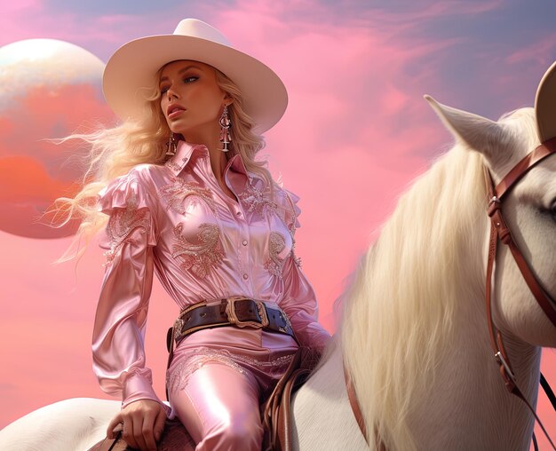 Photo a woman in a cowboy hat is riding a white horse