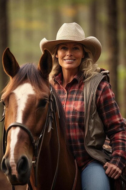 カウボーイの帽子をかぶった女性が馬に乗っている