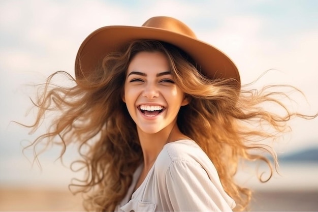 a woman in a cowboy hat smiles with the wind blowing her hair