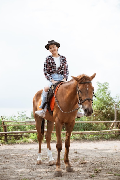 Woman in cowboy hat smiling sitting on horse at ranch