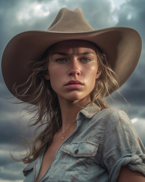 Photo a woman in a cowboy hat with a cloudy sky behind her.