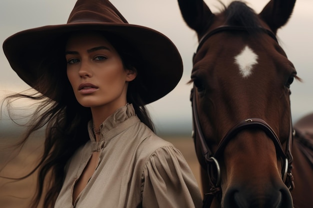 Woman in a cowboy outfit weraing a dark hat country style fashion
