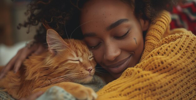 暖かいセーターを着た女性が眠っている猫を抱きしめています