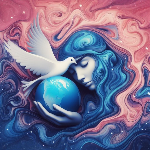 woman cradle earth planet sending a peace messagge with symbol illustration