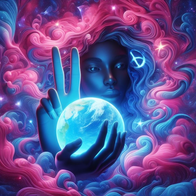 woman cradle earth planet sending a peace messagge with symbol illustration