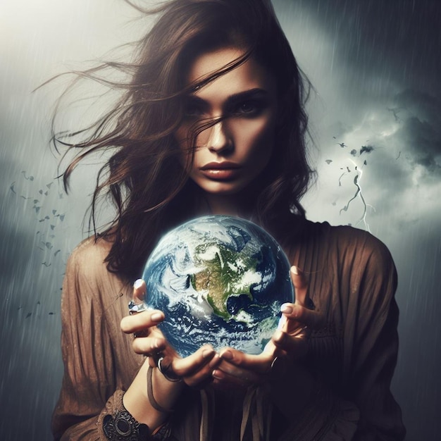 woman cradle planet earth earth day concept