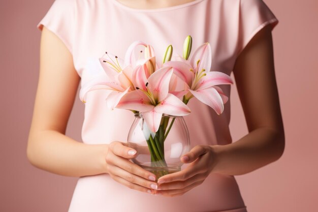 A woman cradles a vase of delicate pink lilies symbolizing fertility