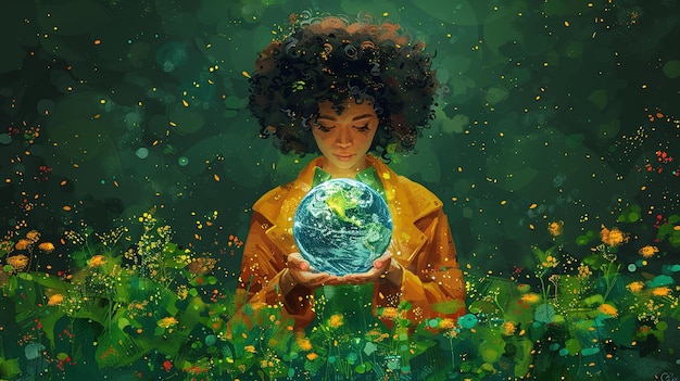 Woman cradling Earth An illustration of an Earth day