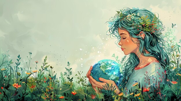 Woman cradling Earth An illustration of an Earth day