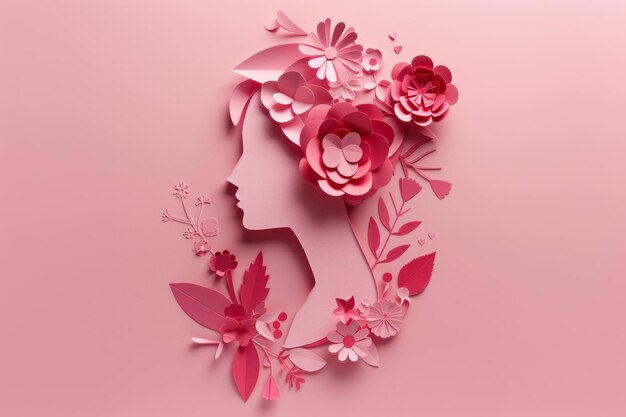 Photo a woman crafted with paper flowers in papercut style on a pink background generative ai