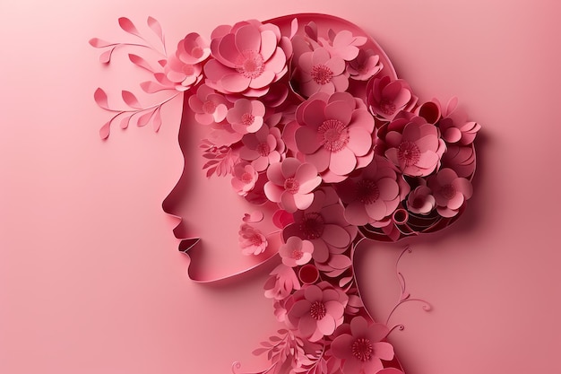 Foto una donna realizzata con fiori di carta in stile papercut su uno sfondo rosa ai generativa