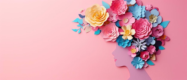 A Woman Crafted with Paper Flowers in Papercut Style on a Pink Background Symbolizing Strength and Beauty in Celebration of International Womens Day