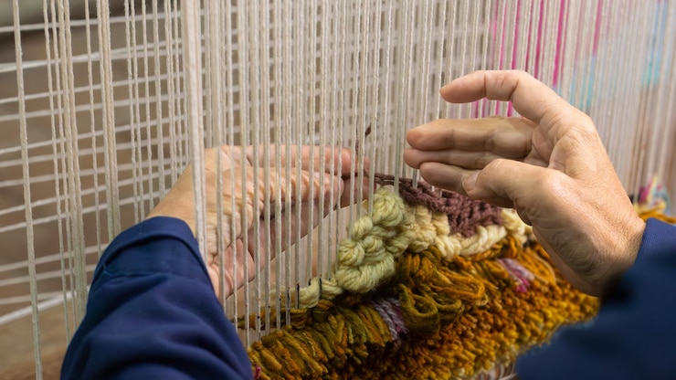 Photo woman craftswoman artisan person weaving on a loom
