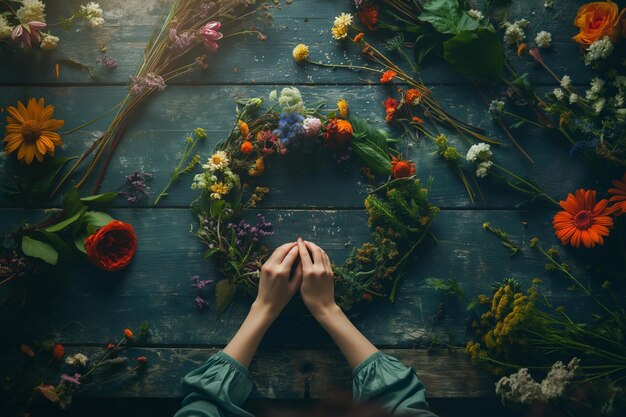 Woman creating floral wreath on table using plants with artistic gesture