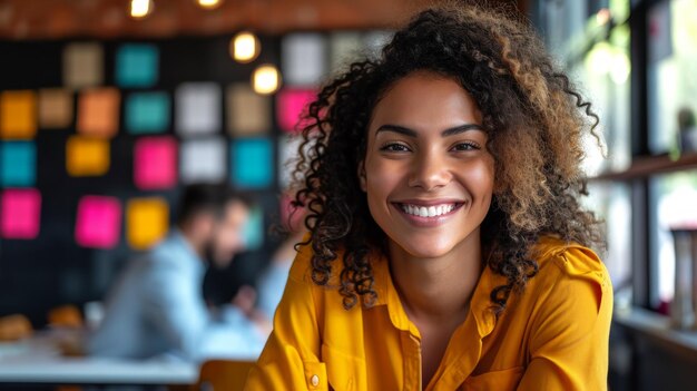 woman in a creative office smiling joyfully while brainstorming ideas