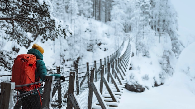 写真 フィンランドの雪に覆われた森の吊橋を渡る女性