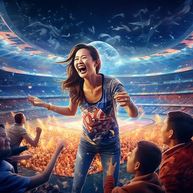 a woman in a crowd with a soccer ball on her shirt