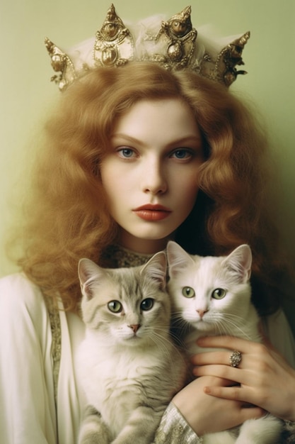 A woman in a crown holds two cats.